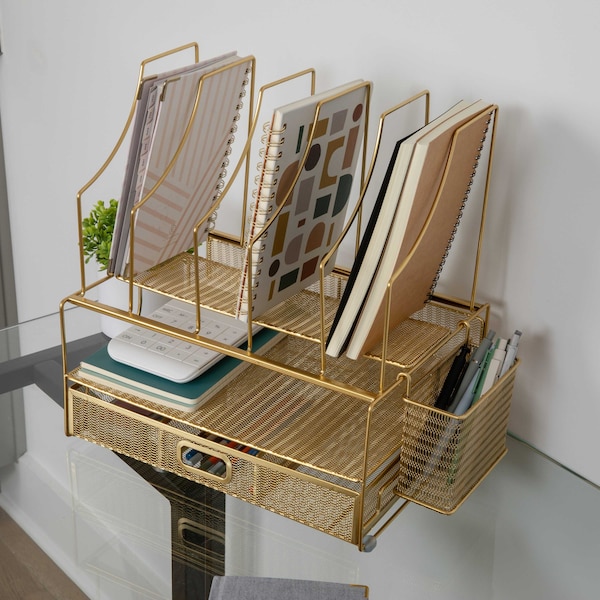 Martha Stewart Ryder Gold Mesh Metal Large Desktop Organizer With Paper File Letter Holder Organizer and Drawer HH-OHD19-GLD-MS - main